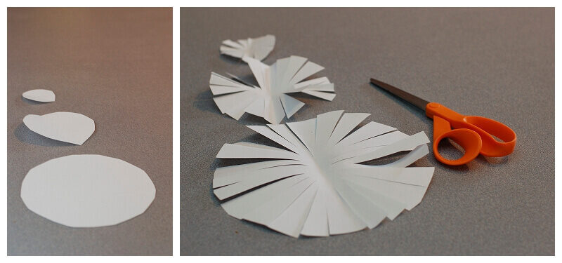 Collage showing graduated circles of paper cut into fringe around the perimeter.