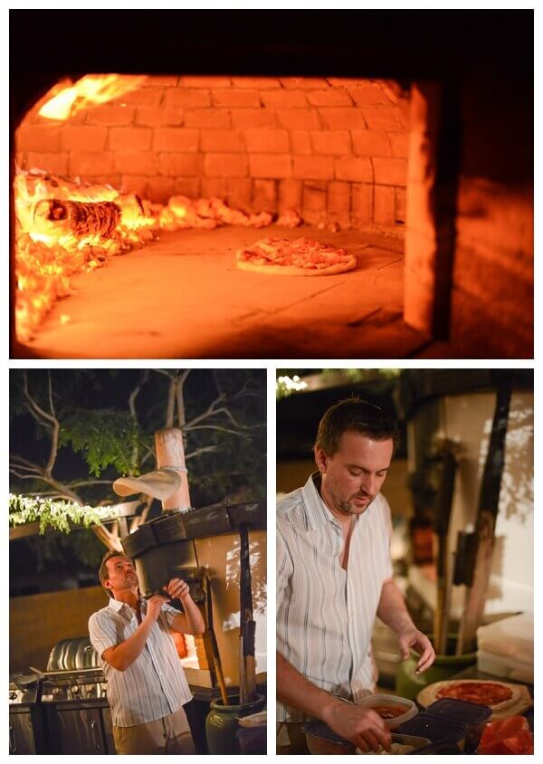 Collage of Neapolitan pizzas being made in wood fired oven, man throwing dough, man adding toppings.