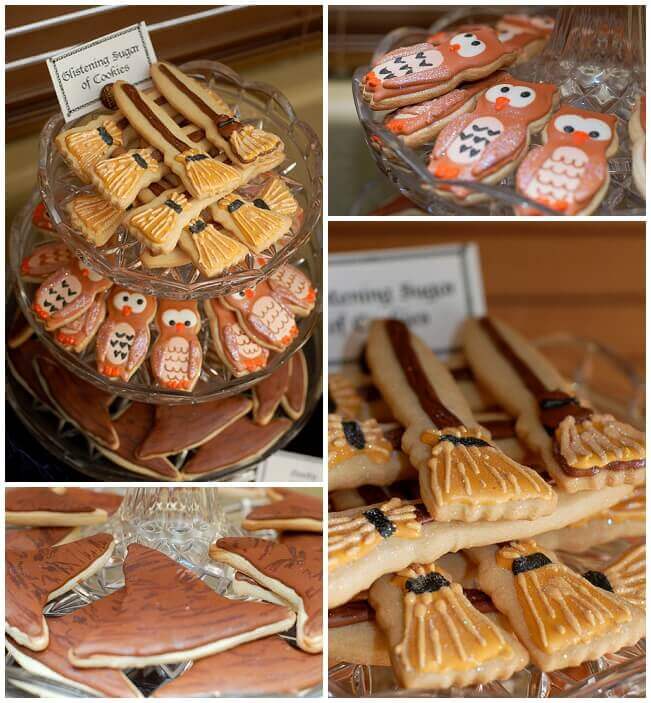 Collage of Harry Potter sugar cookies, including brooms, owls, and sorting hats.