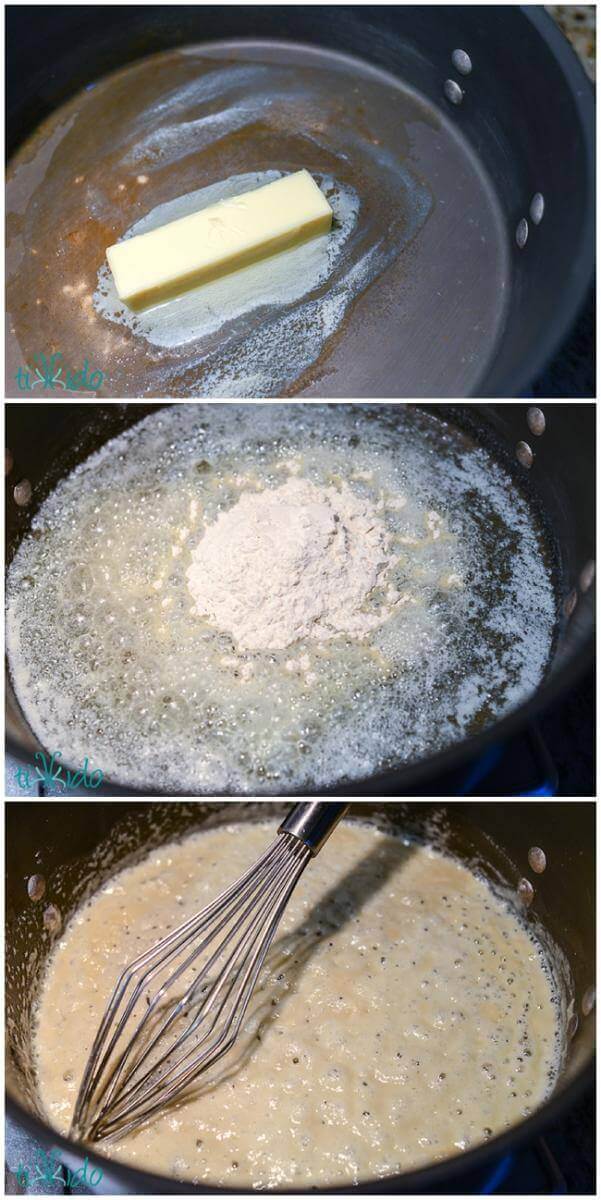 Collage of images showing the steps of making a roux.
