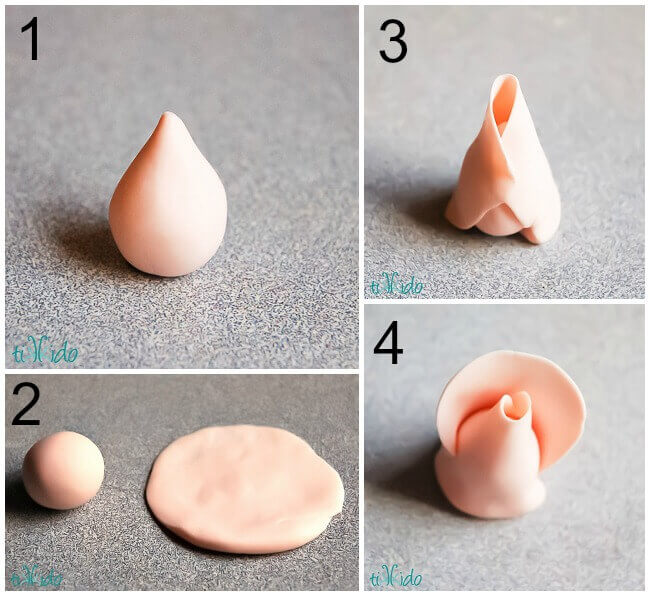 Collage of images showing the steps of how to make a fondant rose.