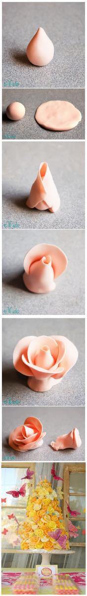 Collage of images showing the steps for making fondant roses.
