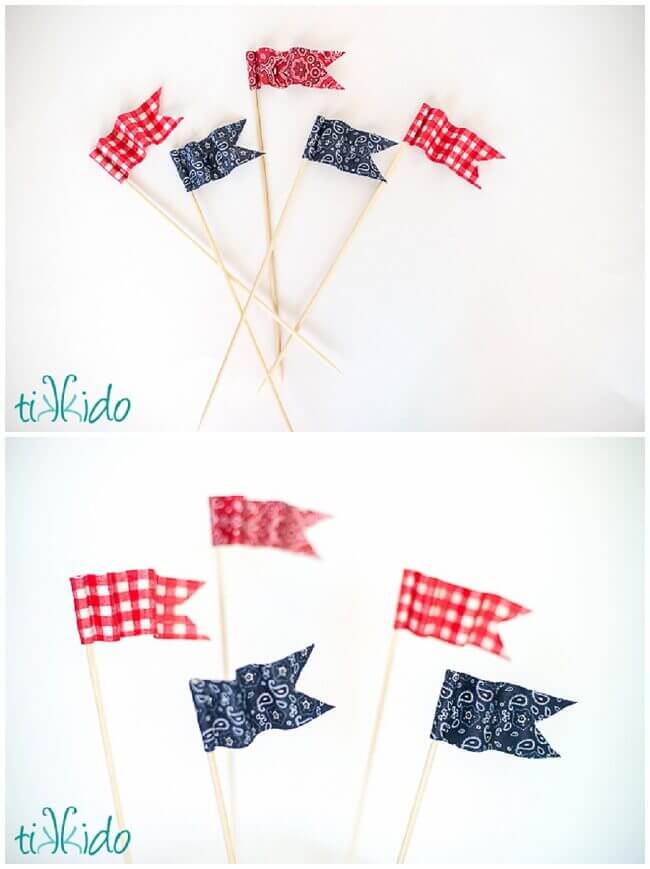 Collage of red, white, and navy blue miniature fabric flag cake toppers that are posable and look like they're blowing in the wind.