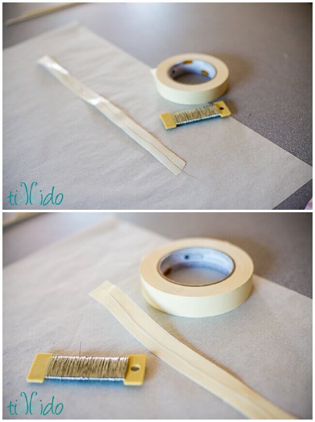 College of photos showing floral wire being sandwiched between two strips of masking tape to make the interior of DIY waving flag cake toppers.