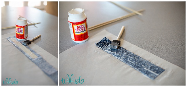 Collage of photos of fabric strips being glued to wire lined masking tape to make DIY waving flag cake toppers.