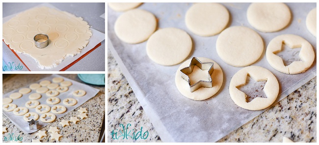 Round sugar cookies with a star cut out of the middle.