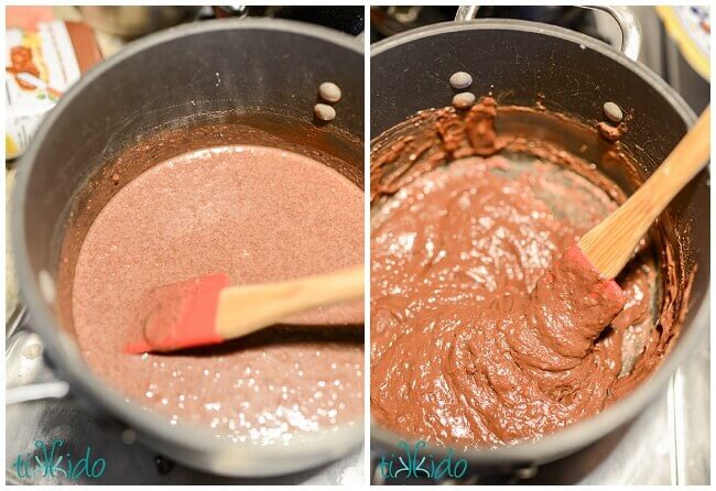 Collage of images of brigadeiros being made in a saucepan