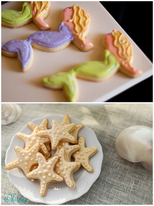 Mermaid and starfish sugar cookies decorated with royal icing.