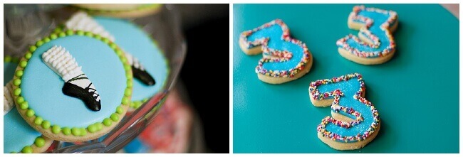 Collage of Irish dancing sugar cookies and sugar cookies that look like the number three.