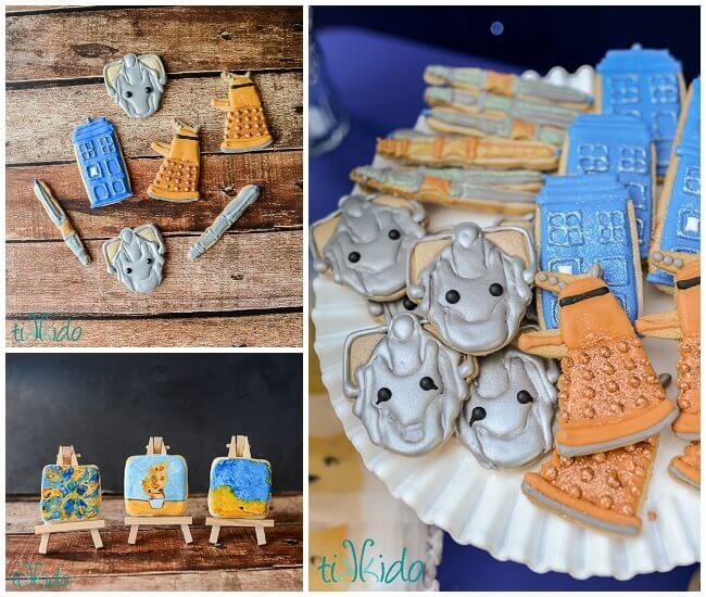 Collage of Doctor Who sugar cookies made with the best sugar cookie recipe.