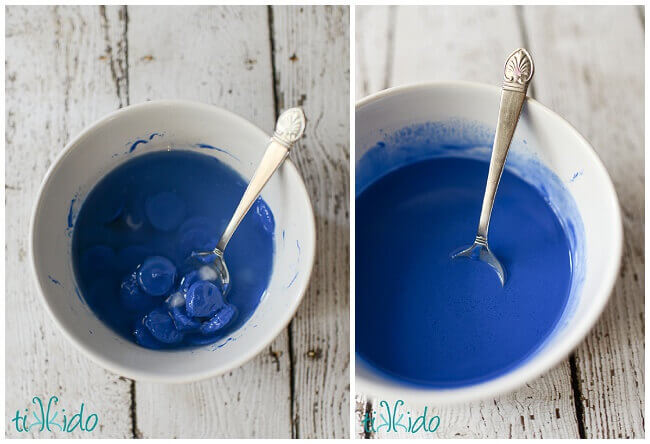 Collage of two photos showing the melting process to make Blue Magic Shell Ice Cream Topping.