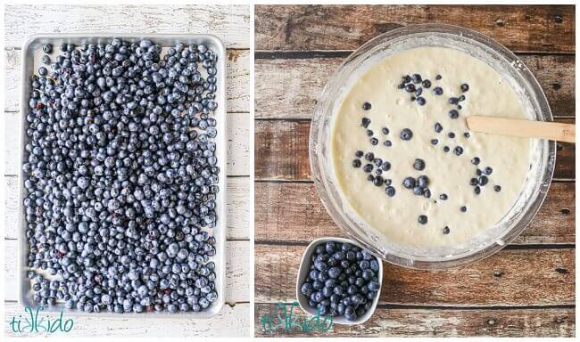 Blueberries being added to homemade buttermilk pancakes batter.