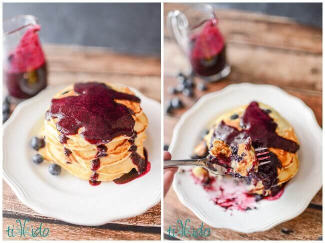 Collage of buttermilk pancakes topped with blueberry syrup pictures.