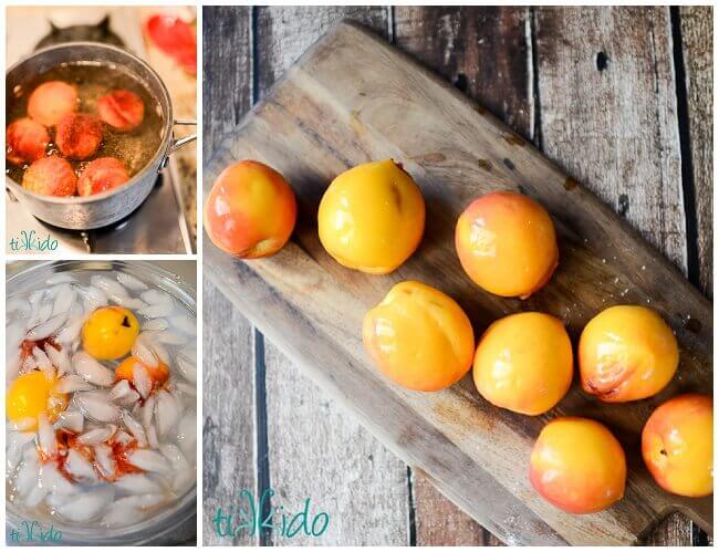 Collage of images of peeling peaches for peach cobbler.