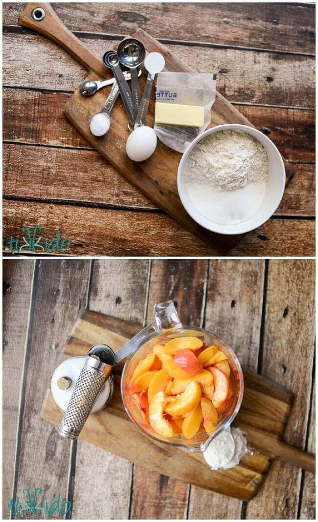 Homemade peach cobbler ingredients on a wooden cutting board.
