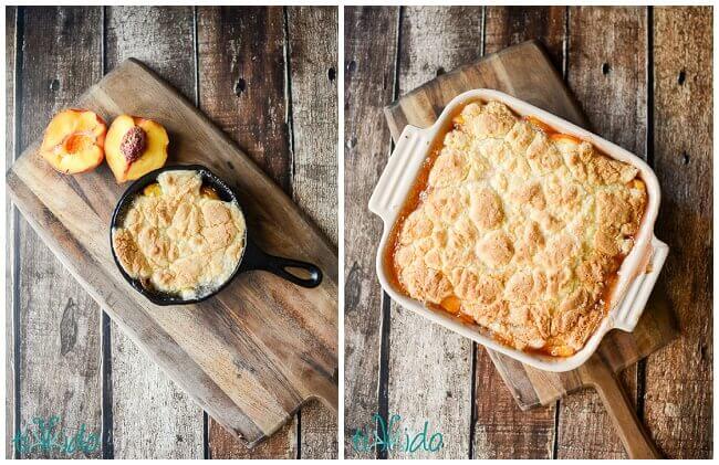 Peach cobbler in a square baking pan and a miniature cast iron skillet on a wooden cutting board.