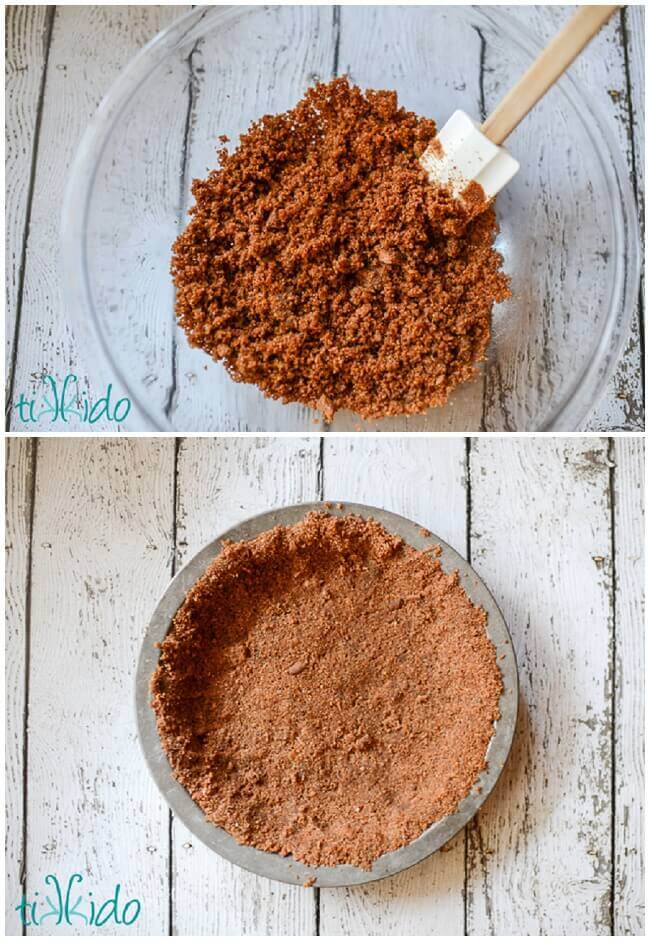 Collage of gingerbread pie crust being mixed and pressed into a pie tin.