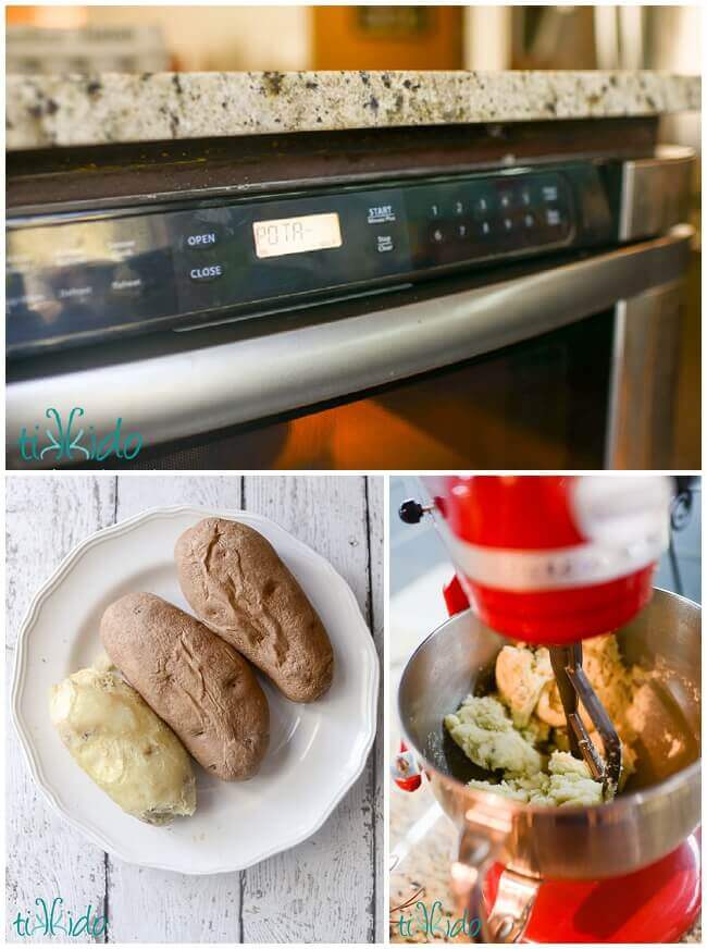 Collage of baked potatoes being turned into mashed potatoes.