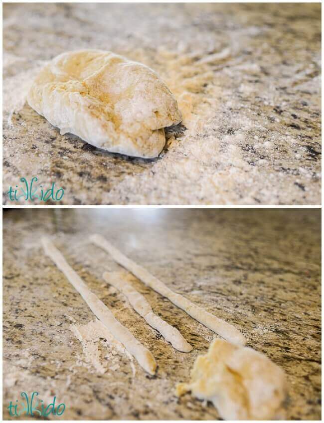 Collage of gnocchi dough being shaped into gnocchi pasta dumplings.