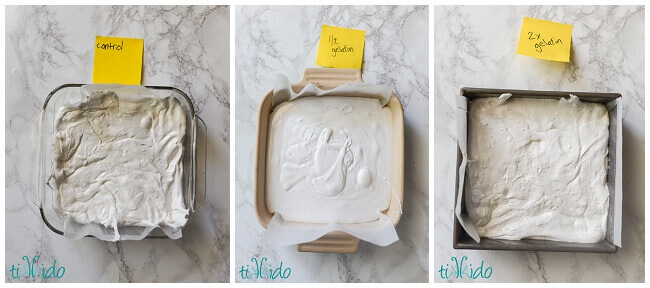 Collage of finished homemade marshmallows in pans showing different levels of gelatin content.