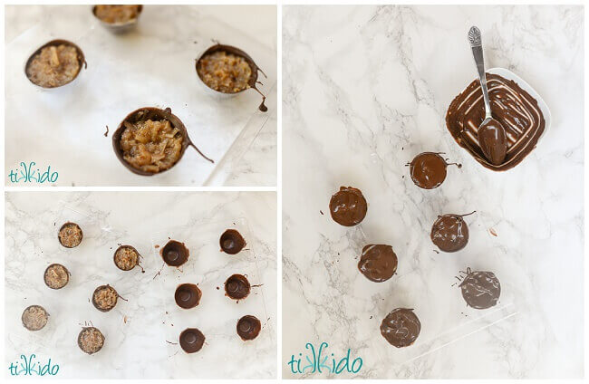 Collage showing chocolate mold being filled with German chocolate cake filling.