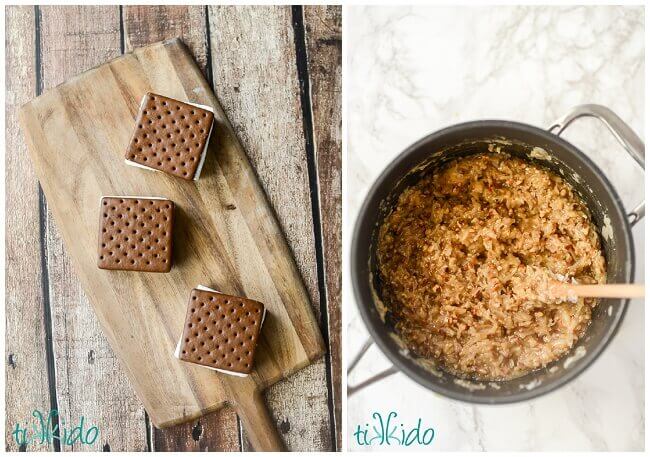 Collage showing square ice cream sandwiches and a saucepan of German chocolate cake filling.