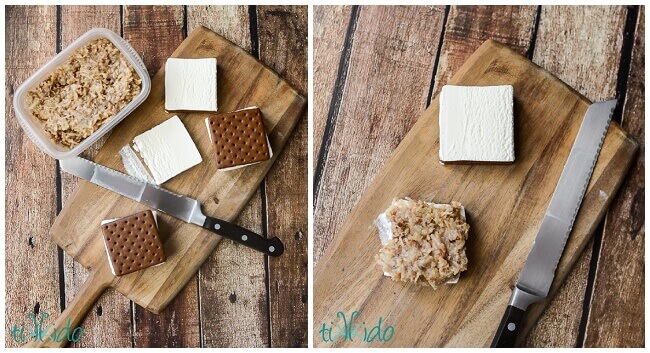 Collage showing ice cream sandwiches split in half and spread with german chocolate cake filling