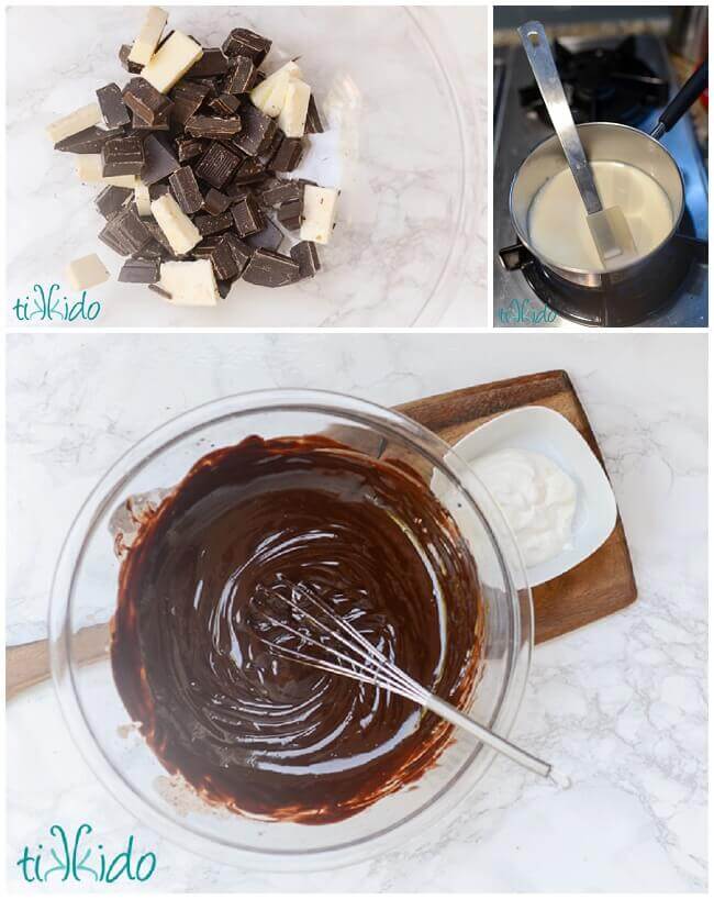 Collage of dark chocolate, butter, and cream being melted and mixed together to make ganache.