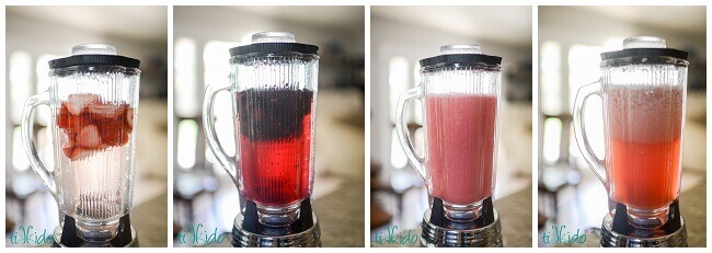 Collage of fruits being blended with simple syrup