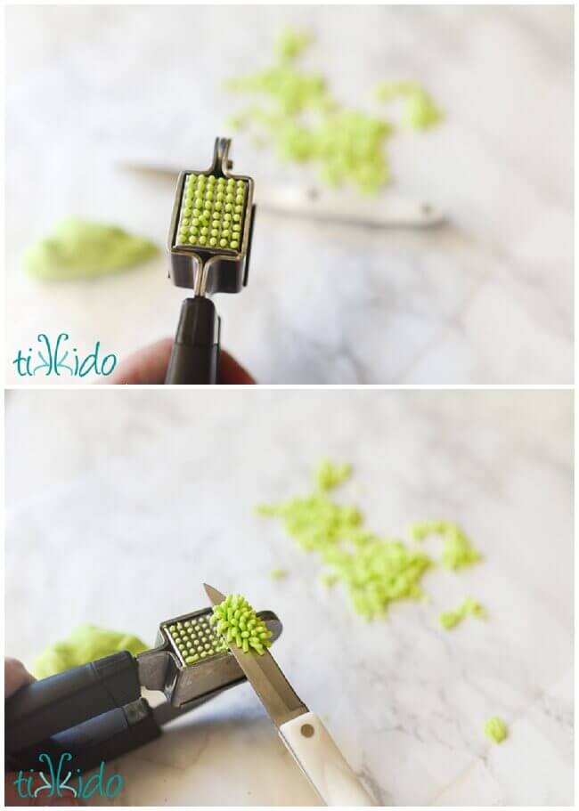 Homemade Sprinkles ingredients being pressed through a garlic press, showing how to make homemade sprinkles