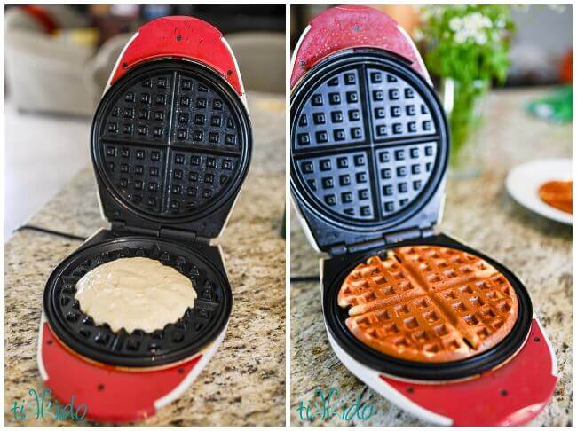 Collage of banana bread batter being cooked in a red waffle iron on a granite surface.