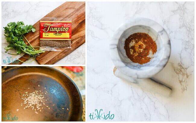 Collage of images of toasting and grinding cumin for a basic salsa recipe.