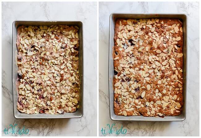 Collage of Cherry Almond Bar Cookies before and after being cooked in a 9x13 pan.