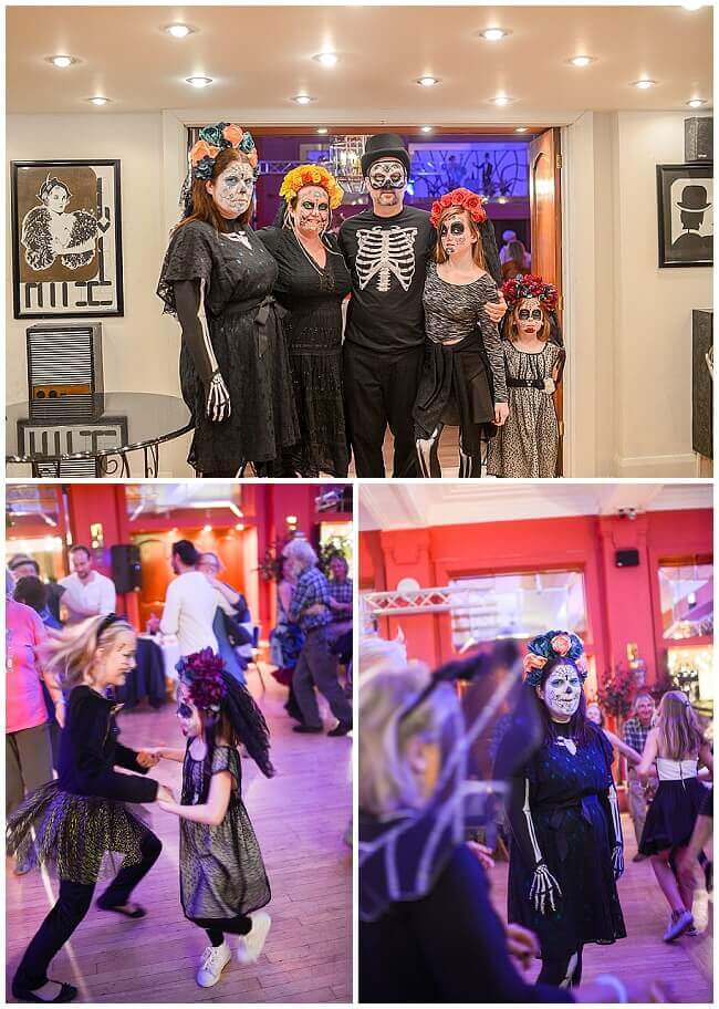 Collage of people wearing day of the dead headpieces with silk flowers and black lace veils.