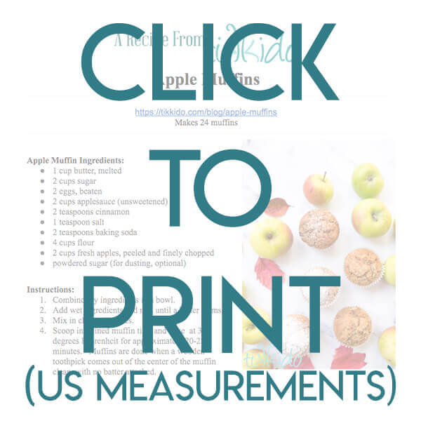 Navigational image leading reader to printable, one page apple muffins recipe by US volume measurements.