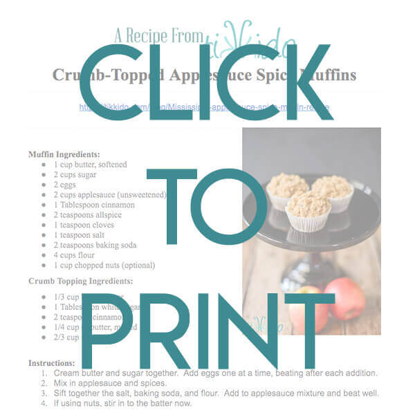 Navigational image leading reader to printable, one page version of the crumb topped applesauce spice muffins recipe.