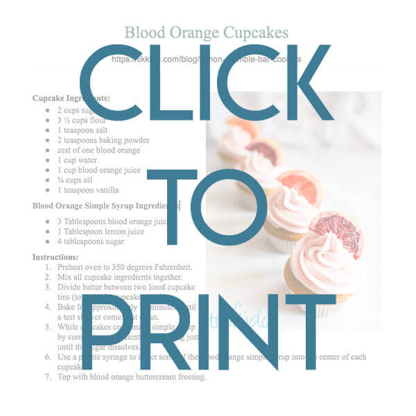 Navigational image leading reader to printable, one page, PDF version of the Blood Orange Cupcakes recipe
