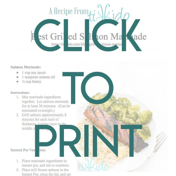 Navigational image leading reader to one page, printable version of easy homemade teriyaki salmon marinade and instant pot variation.