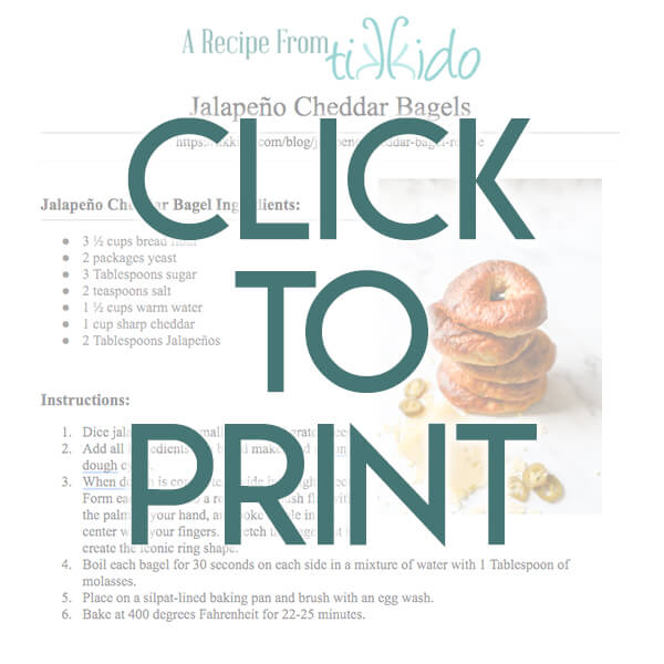 Navigational image leading reader to printable, one page Jalapeno Cheddar Bagel Recipe.