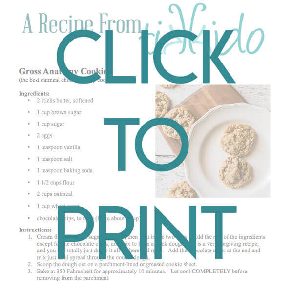 navigational image leading reader to printable, one page version of the chocolate chip oatmeal cookie recipe