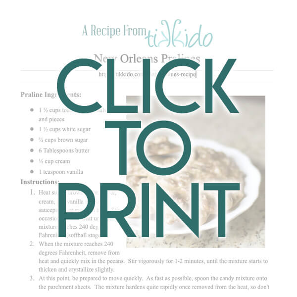 Navigational image leading reader to one page, printable, PDF version of the praline candy recipe.
