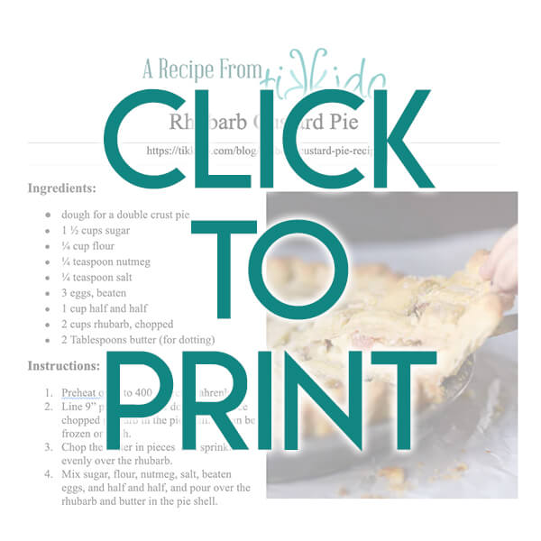Navigational image leading reader to printable, one page, PDF version of the rhubarb custard pie recipe.