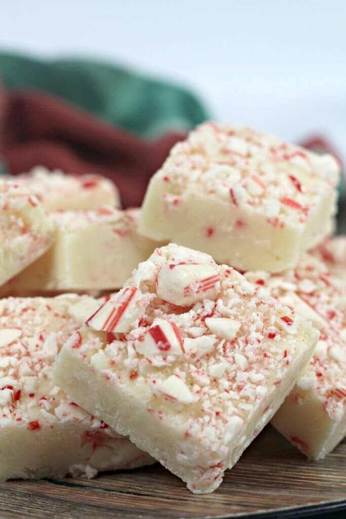 white chocolate candy cane fudge topped with crushed candy canes.