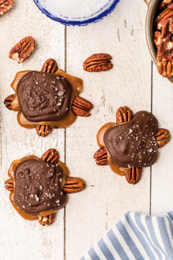 Chocolate caramel turtles on a white wooden surface.
