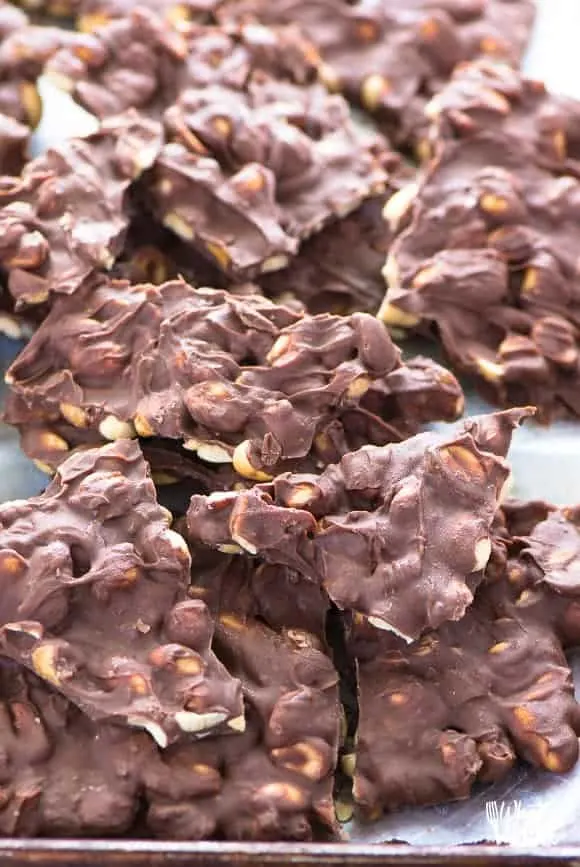 Chocolate bark with salted peanuts made in the crock pot.