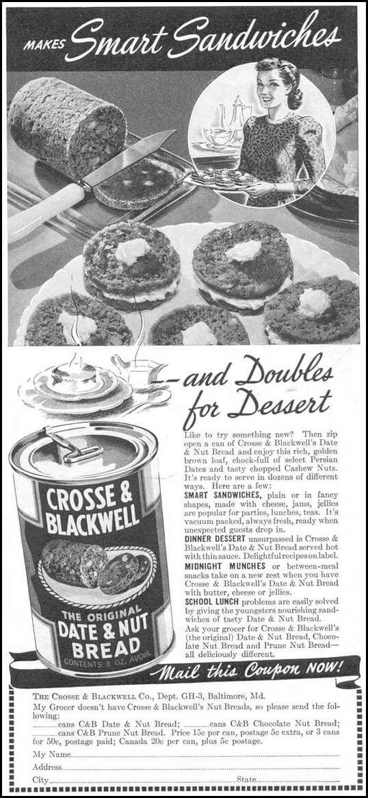 Vintage Crosse and Blackwell advertisement for canned date nut bread.