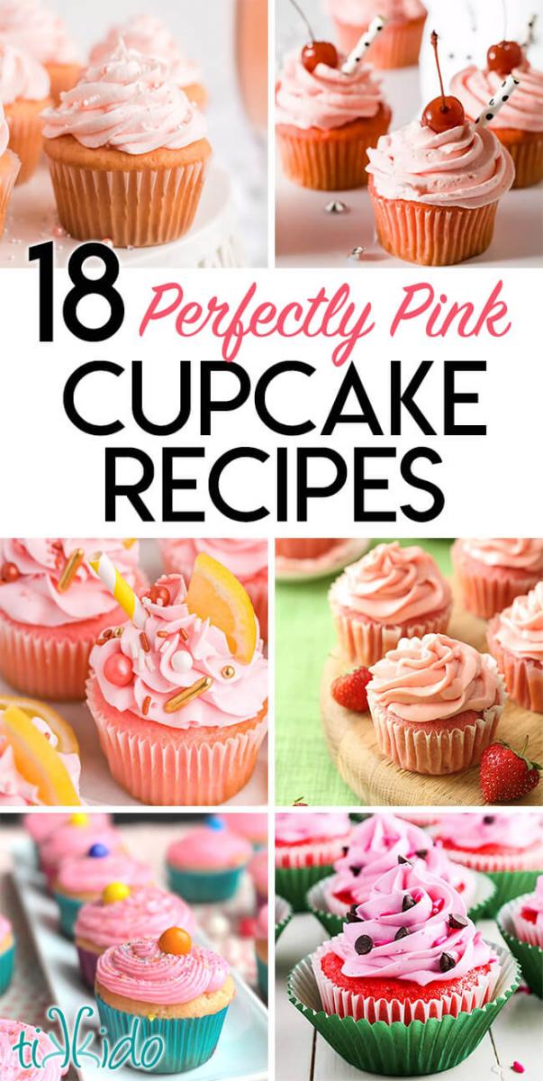 Collage of pink cupcakes recipes with text overlay reading, "18 Perfectly Pink Cupcake Recipes."