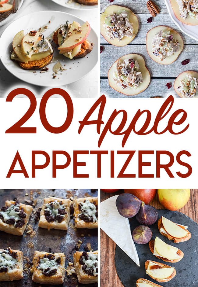 Collage of apple appetizer photos with text overlay reading "20 Apple Appetizers."