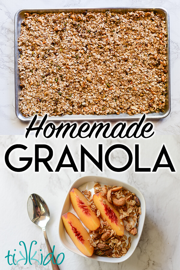 Sheet pan full of homemade granola and a white bowl with greek yogurt, granola, and three slices of peaches on a white marble surface.  Text overlay reads "Homemade Granola."