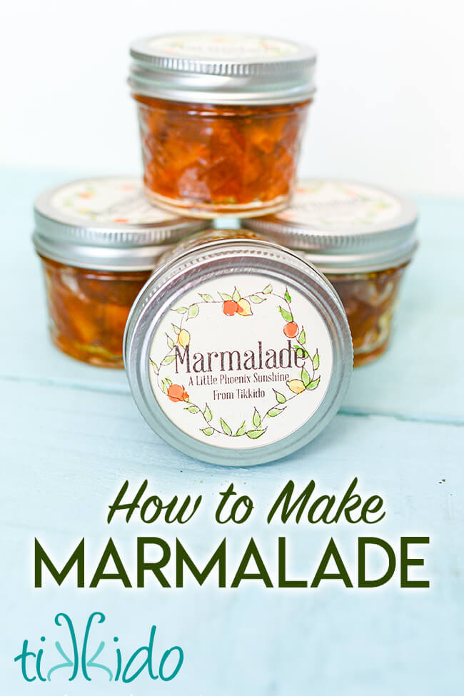 Four small jars of homemade marmalade stacked on a blue wooden surface, with text overlay reading "How to Make Marmalade."